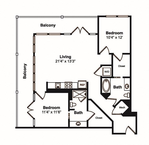 Floor plan for 2 beds, 2 baths, 1142 sqft